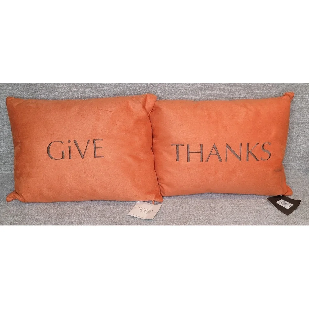 Pottery Barn GIVE THANKS Orange Lumbar Throw Pillows Fall Autumn 12x16 w TAGS